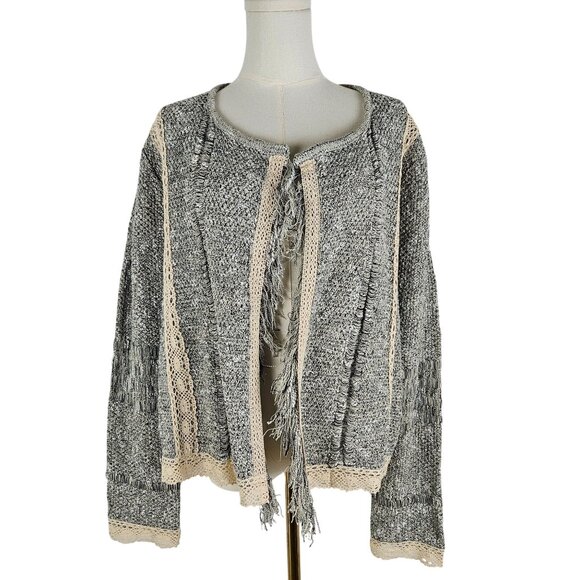 Mary McFadden Open Front Cardigan Large Boho Fringe Lace Tweed Gray - Picture 1 of 9